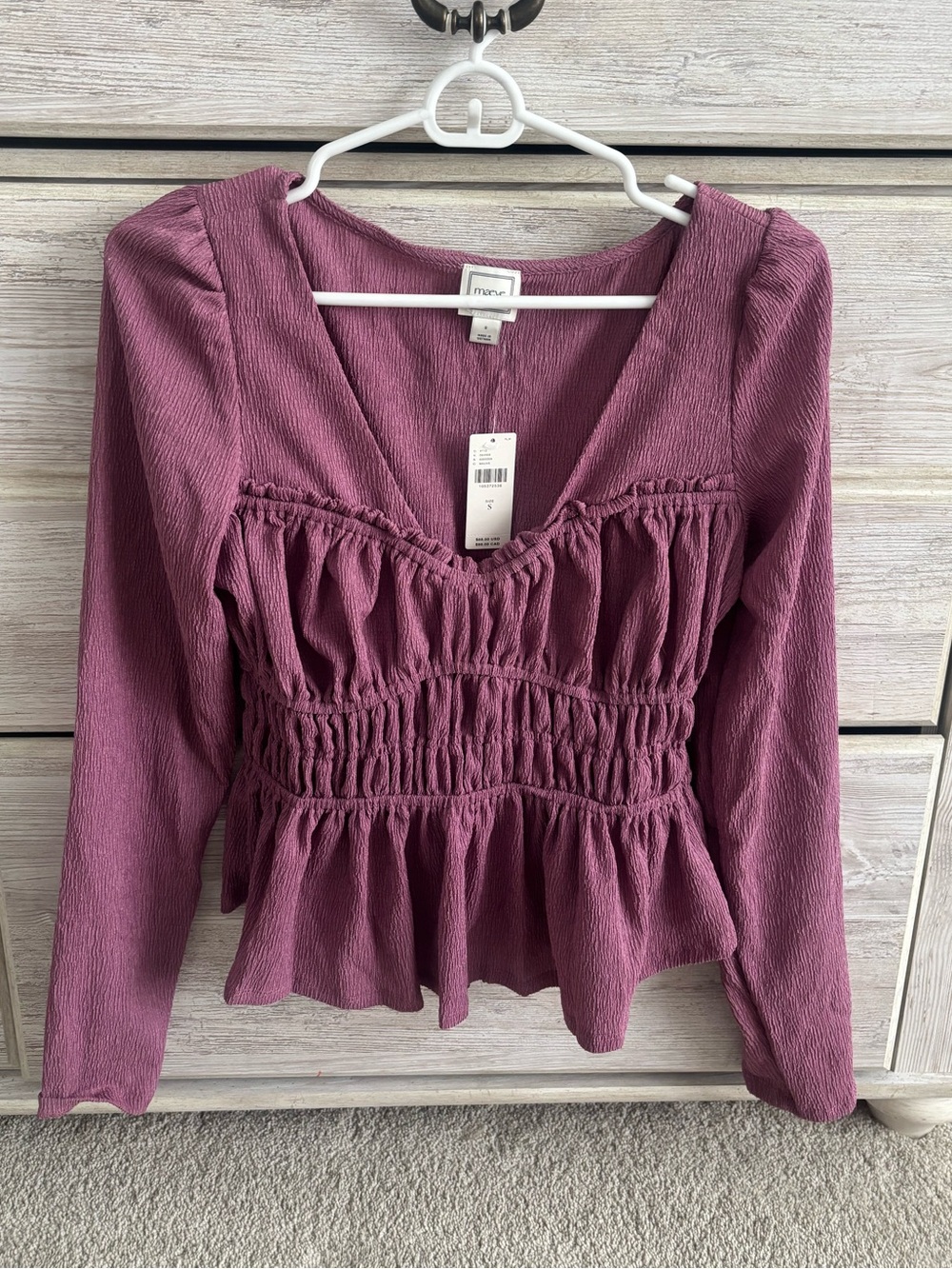 Anthropologie Mauve Smocked Peplum Long-Sleeve Top
